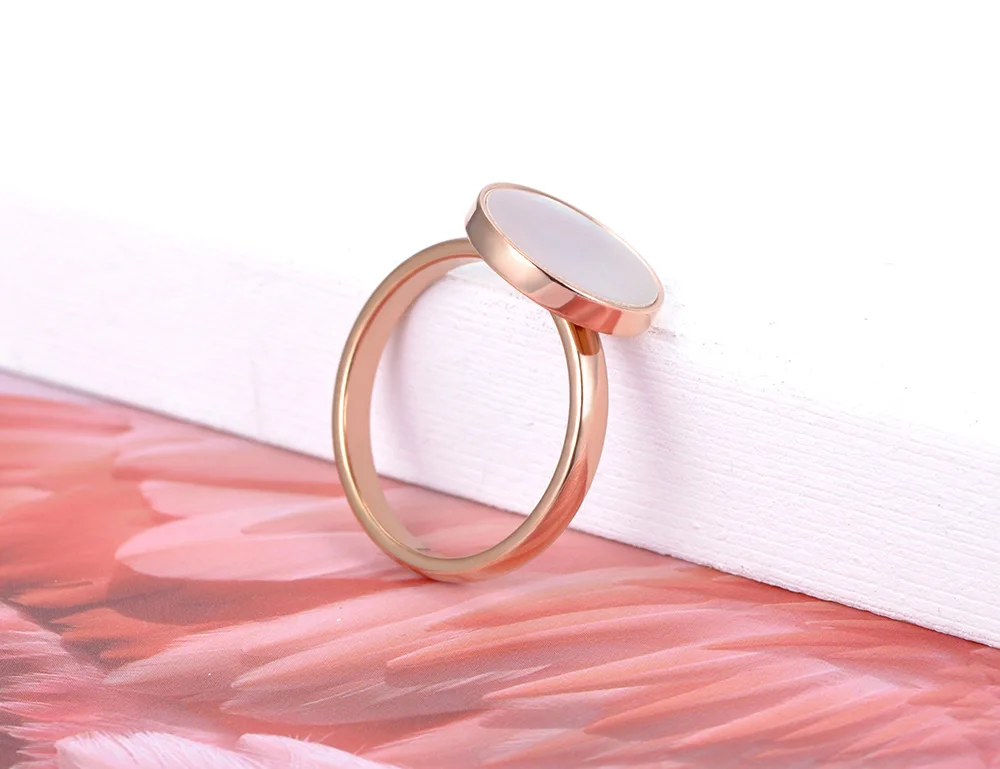 JeeMango Trendy Titanium Stainless Steel White Shell Party Ring Rose Gold Color Original Design Bohemia Ring For Women JR20051