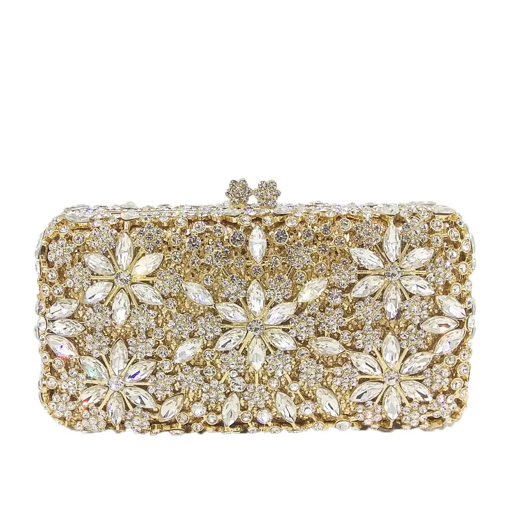 

18x9CM Clutch Bag Metal Dinner Bag With Flowers And Diamonds Rhinestone Party Banquet Evening Bag a6563