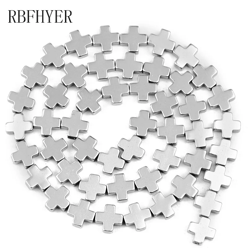 RBFHYER Hematite Natural Stone Silver color Cross 6/8/10mm Spacers Loose Beads For Handmade bracelet Pendants Making Diy Jewelry