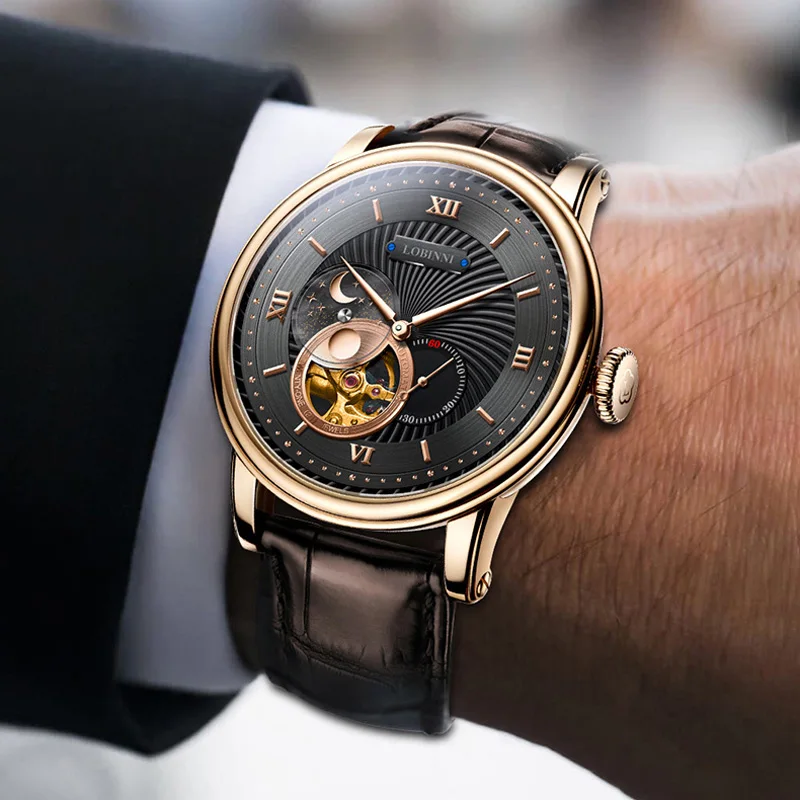 Reloj mecánico automático LOBINNI de lujo para hombre, reloj de pulsera con segunda subesfera, reloj resistente al agua con cristal de zafiro