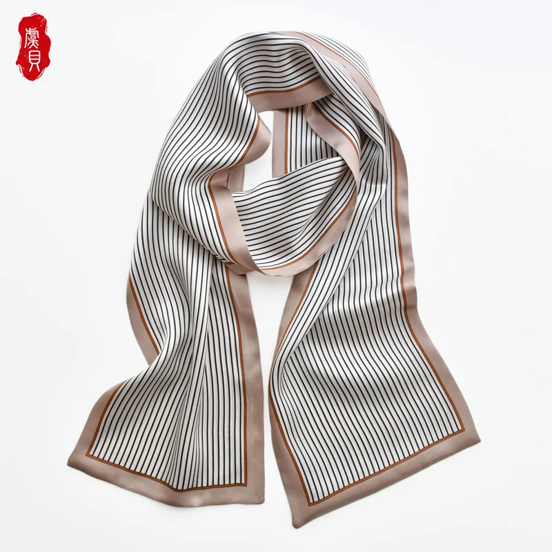 Light brown stripe natural silk women long scarf fashion ribbon foulard design neckerchief headscarf bandana warp gift for girls