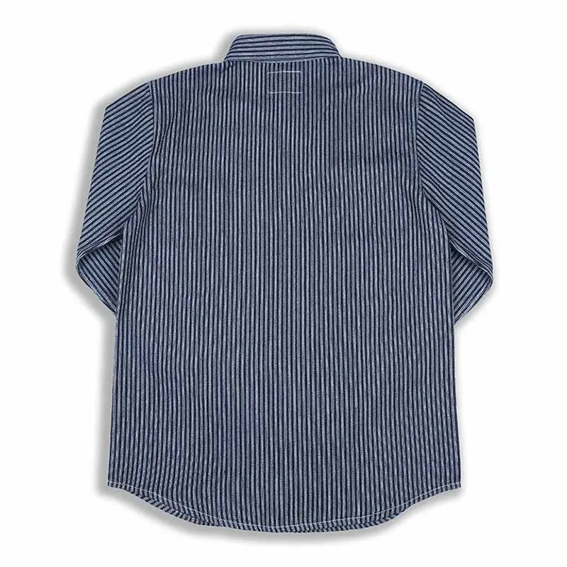 Mcikkny blusa jeans masculina de outono casual, camisas jeans de algodão listrado, camisa com bolsos grandes frontal