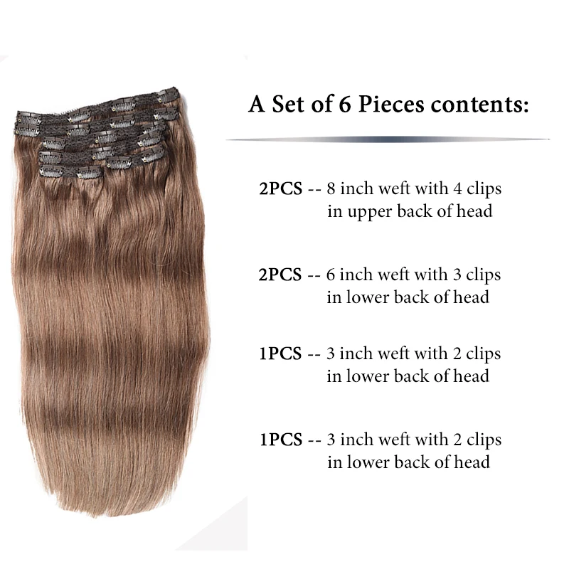 Toysww Hair Extension Clip Human Hair Light Brown Color #6 Real Hair Extensions Full Head 6Pcs/Set 120G 100G