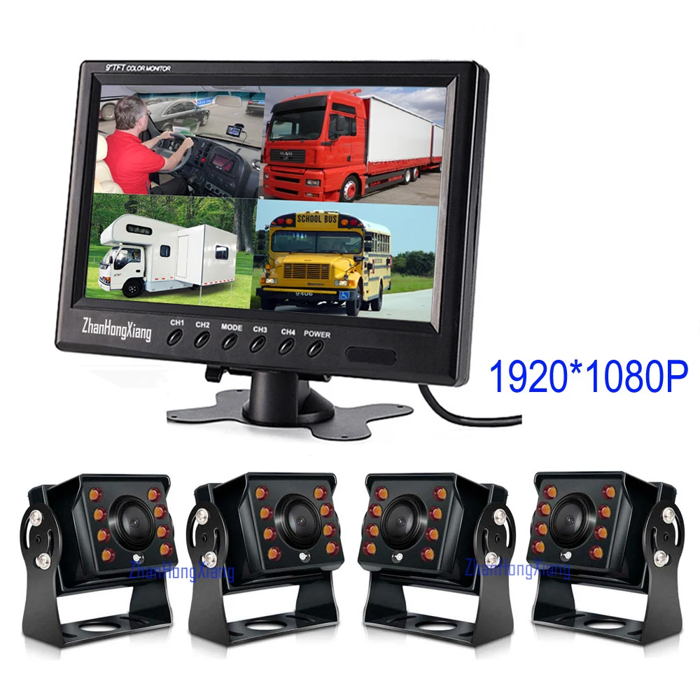 

AHD 1920 x 1080P 4Pin IR Car Rear View Reverse Backup Camera Kit + 9" IPS 4CH Quad Split Monitor System For Bus Truck Trailer