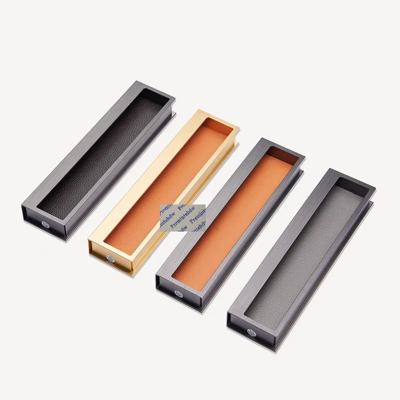 

2Pcs/Lot Aluminum Alloy Leather Onlay Built-in Integral Flush Finger Pull Door Gold Orange Grey