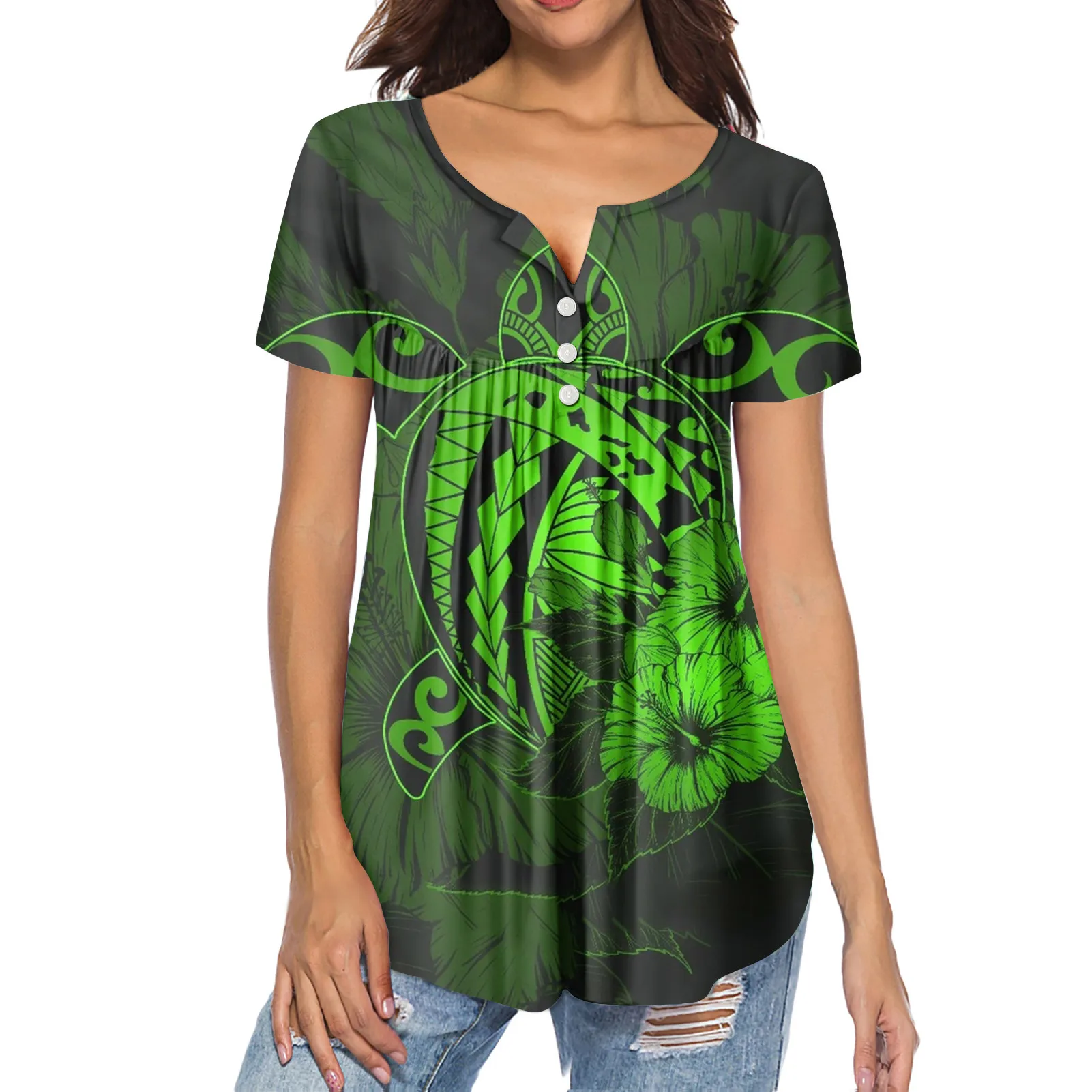 

HYCOOL Polynesian Sea Turtle Design Summer Women Short Sleeve Pleated Buckle Shirt Casual Ladies Tops 202 New Green Blouse Women