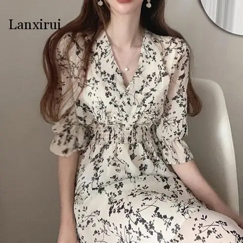 Women Retro Floral Dress Cross V Neck Wooden Ear Slim Long Vestido Summer Elegant Chiffon Short Sleeve Dresses Femme