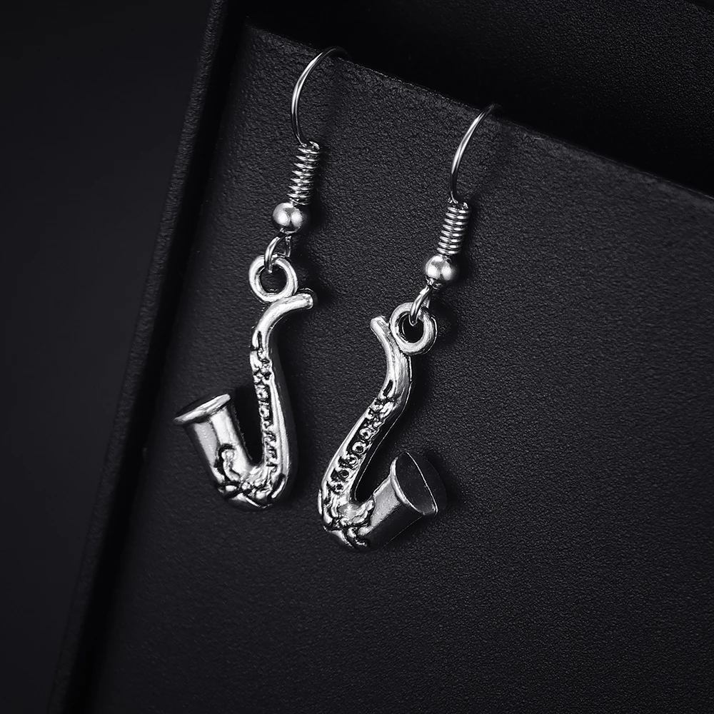 Trendy Vintage Saxophone Shape Dangle  Antique Silver Plated Earrings for Women Girl Retro Drop Earrings Cute Earring Jewelry