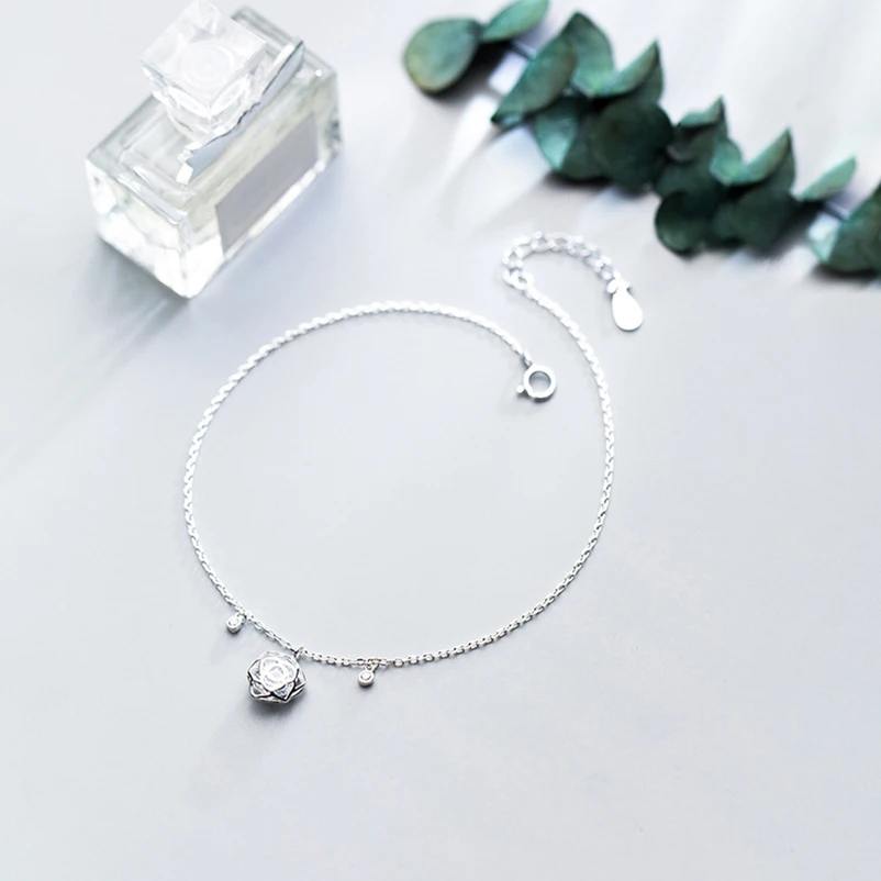 Real 925 Sterling Silver Women's Anklet Rose Flower Bracelet On The Leg Foot Chain Socks Fashion Fine Jewelry