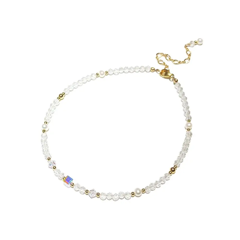 Lii Ji 2mm 3mm Clear Quartz Freshwater Pearl Austrian Crystal Sparkling Anklet American 14K Gold Filled 24+5cm