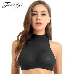 Womens Ultra-thin See Through Sheer Sexy Tanks Tops Summer Fashion High Neck Sleeveless Elastic Underbust Tight Vest Crop Top
