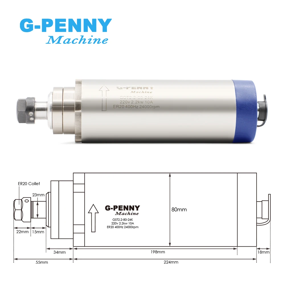 G-Penny 2.2kw ER20 Air Cooled Spindle 4 Ceramic Ball Bearings 24000rpm Air Cooling 0.01mm & 2.2kw Frequency Drive & 80mm Holder