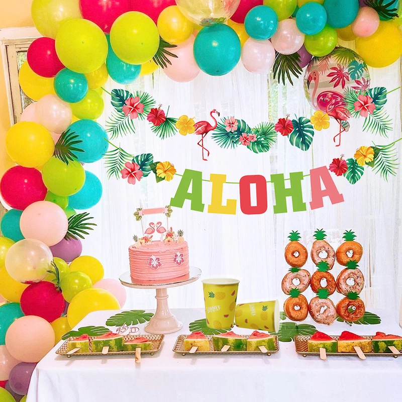 Summer Birthday Flamingo Pineapple Aloha Letter Cake Toppers Party Decorates Cupcake Topper for Hawaiian Tropical Wedding Party