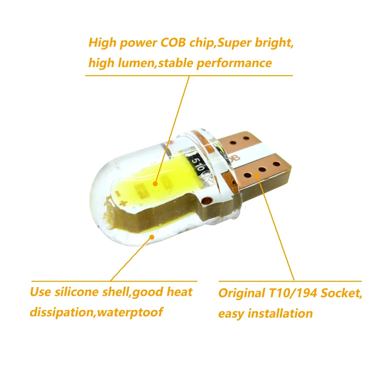 4x Car Led Light T10 W5W 12V Led Instrument Cluster Silicone Cob 2W Auto Interior Lamp Bulb Amber Yellow Orange Red White