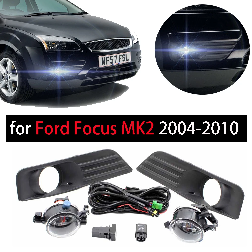 For Ford Focus MK2 2004-2010 2pcs Fog Light Grille + 2 Lamp + Wire Switch Kit Fog Lights Assembly Car Front Bumper Fog Lamp