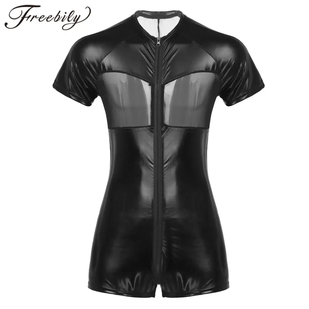 

Mens Adults One-piece Shiny Metallic Crew Neck Mesh Patchwork Skin-Tight Leotard Short Sleeves Bodysuit Hommes Jumpsuit Clubwear