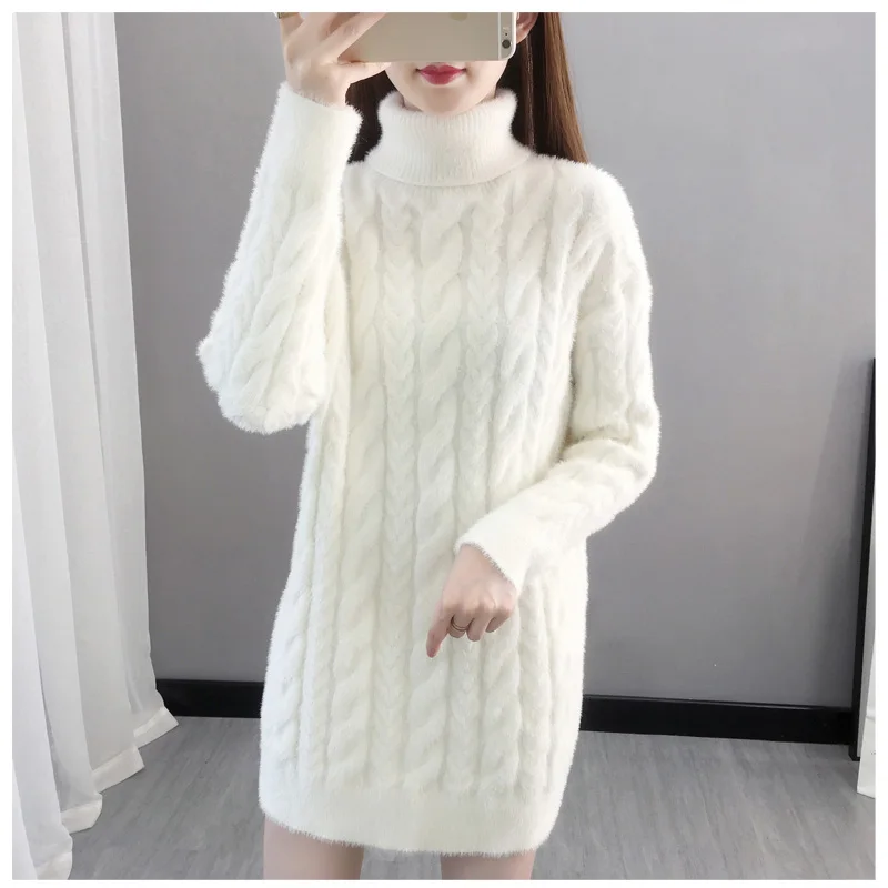 

Turtleneck Twist Sweater Women New Autumn/Winter Knit Jacket Female Length Loose Imitation Mink Velvet Inside Bottoming Shirt