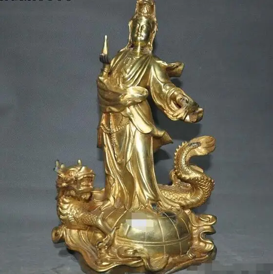 Old Chinese bronze Gilt station Dragon turtle Kwan-yin Bodhisattva Buddha Statue