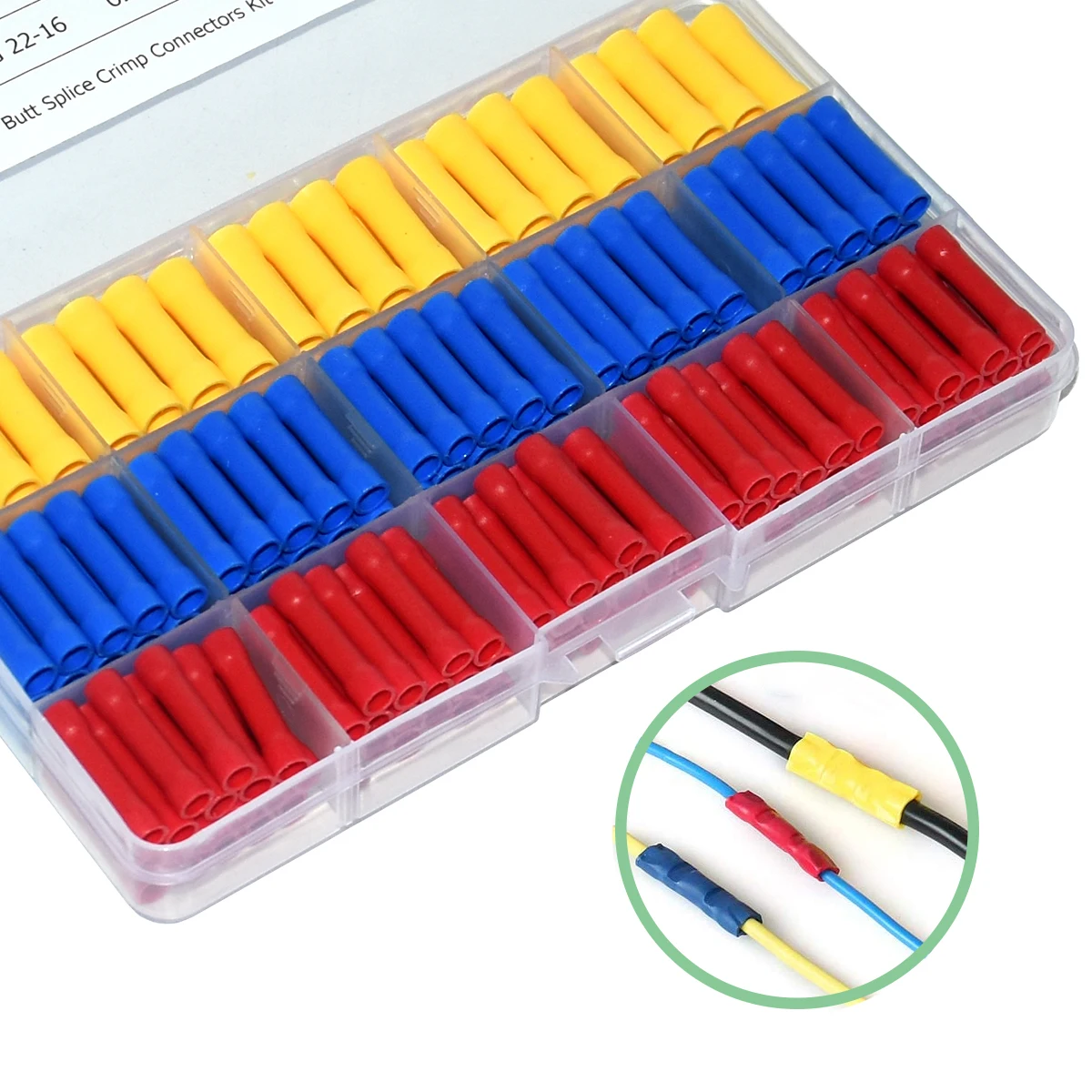 200pcs 10-22AWG Assorted Butt Splice Crimp Connectors, Insulated Electrical Straight Wire Terminal Connectors BV1.25 BV2 BV5.5