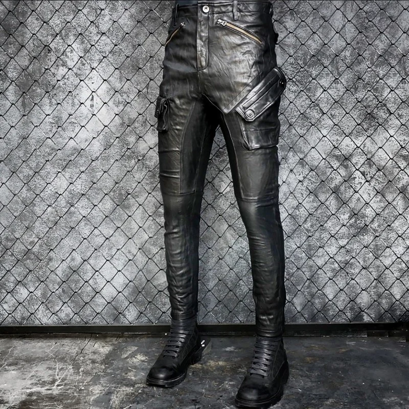 Genuine Men Leather Pants Motorcycle Slim Sheepskin Pleated Pencil Pants Luxury Multi-Pocket Vintage Punk Biker Trousers Black