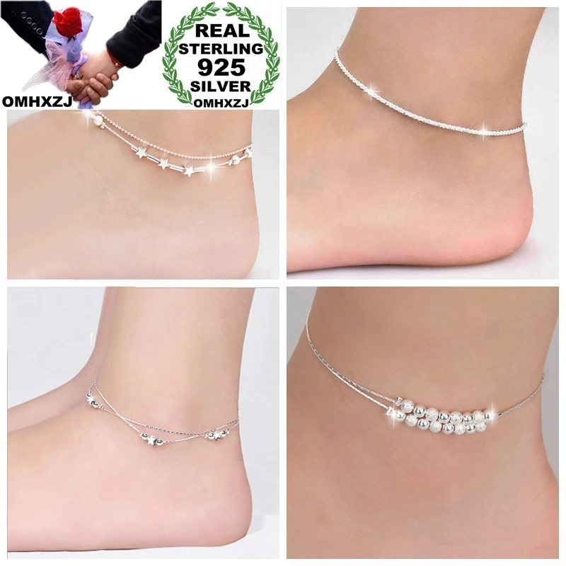 

OMHXZJ Wholesale Fashion Woman Girl Party Birthday Gift Two Layers Star Beads Two Lines 925 Sterling Silver Anklet Bracelet JL02