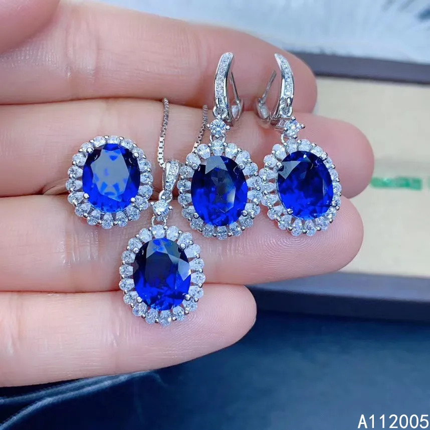 KJJEAXCMY Fine Jewelry 925 sterling silver inlaid natural sapphire female ring pendant earring set exquisite supports test