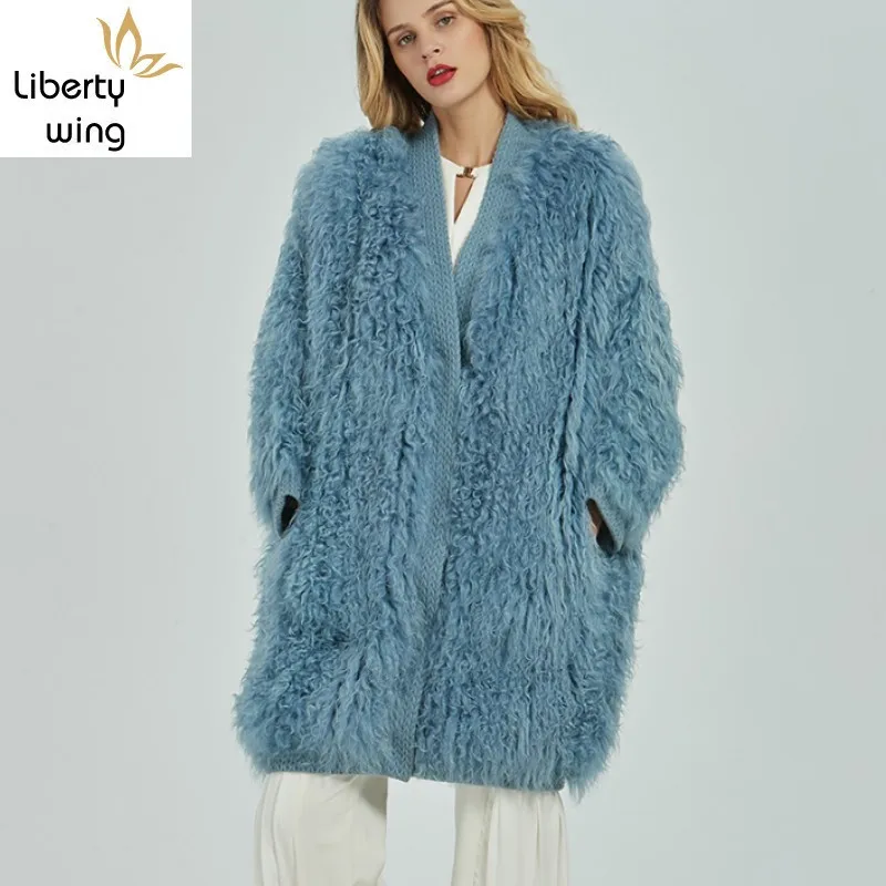 Luxury Winter Women Real Sheep Long Coat Loose Cocoon Shearling Outwear Natural Lamb Fur Jacket Batwing Sleeve Wool Coats