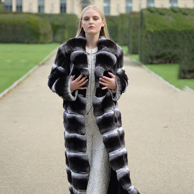 Ftangaiur New Winter Import Chinchilla Coat Turn-Down Collar Full Sleeve Loss Women Real Natural Color Chinchilla Fur Coats