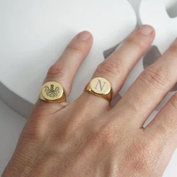 Signet Ring for Men Women,Stainless Steel Personalized Pinky Rings Initials Letter Ring,Engraving Gift for Husband Dad Son Mom