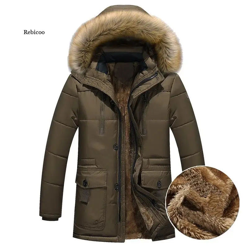 Thick Warm Parka Men Fleece Fur Hood Men Winter Jacket Coat Military Cargo Medium-long Mens Overcoat