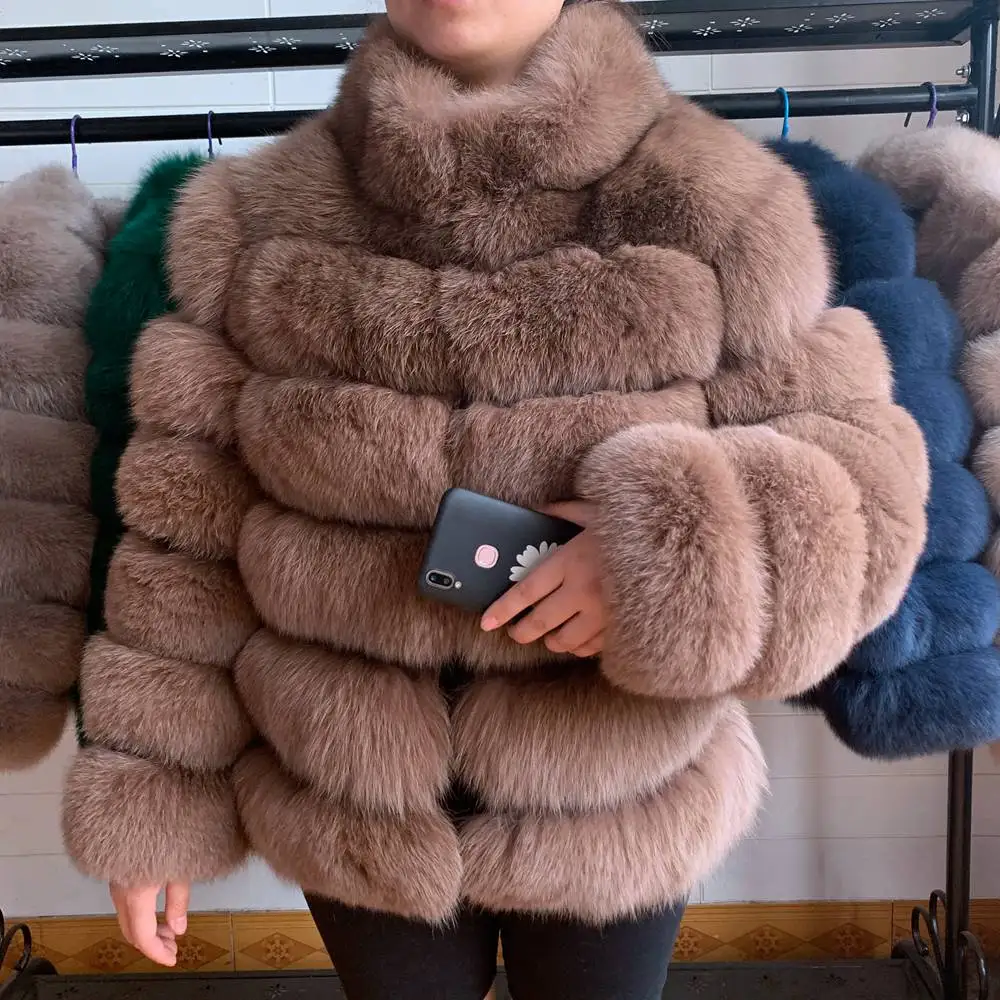 Women Short Furry Real Fur Winter Coat Plus Size Stand Collar Long Sleeve Real Fox Fur Coat Spring Fashion Party Jacket Overcoat