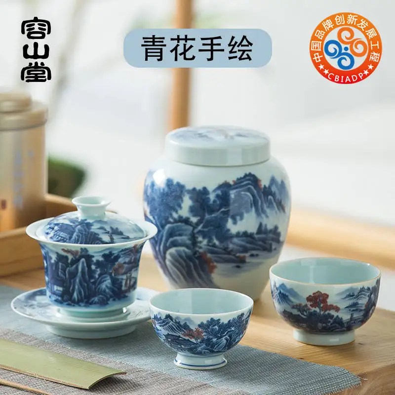 |let kiln of blue and white landscape tureen jingdezhen ceramic cups hand-painted sample tea cup tea bowl of tea pot