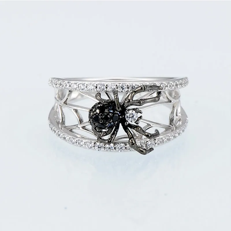 2022 New Arrival Creative Silver Color Spider Ring Sparking White Black Zircon Inlaid Animal Rings New Trendy Party Jewelry