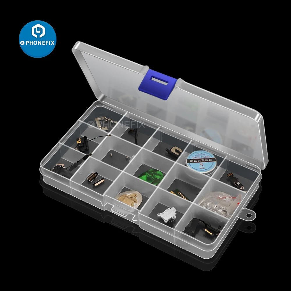 Caja de almacenamiento de plástico multifuncional, 15 compartimentos, reparación de teléfono, joyería, pendientes, tornillo, estuche organizador de exhibición, contenedor