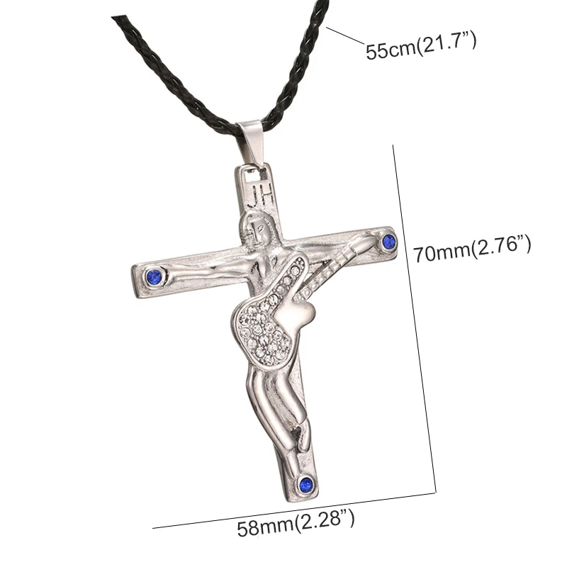 Stainless Steel Guitar Cross Pendant Black Leather Chain Necklace Inlaid Blue Stone Jewelry Johnny Hallyday Anniversary Gifts