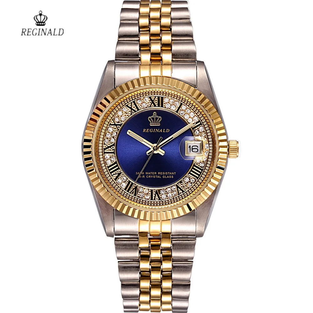 REGINALD Luxury Golden Man Watch Date Crystal Styles Men\'s Dress Clock Water Proof Business Full Stainless Steel WristWatches