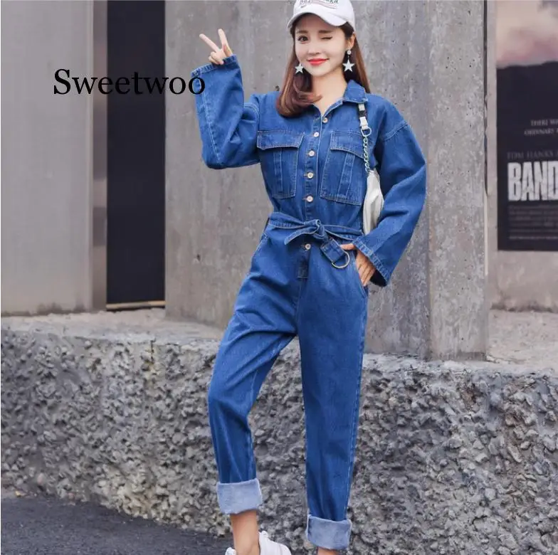 Fashion Streetwear Gaya Denim Overall Wanita 2020 Musim Gugur Panjang Lengan Bodysuit Pinggang Tinggi Bodycon Baju Monyet Lebar Kaki Jumpsuit