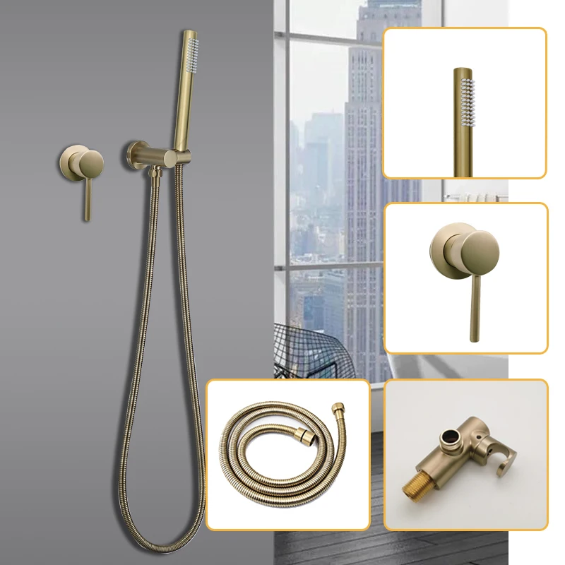 Brushed Gold Hand Shower System Set with Wall Mounted Concealed Tap Faucet Mixer Round and Square Hot and Cold Bathroom Fixture