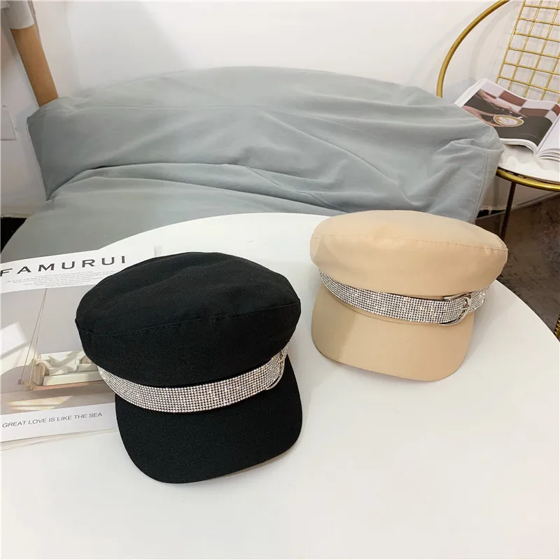 Hat Women Korean Version of Fashion Water Drill Beret Autumn Thin Octagonal Hats Retro British Flat Top Military Cap