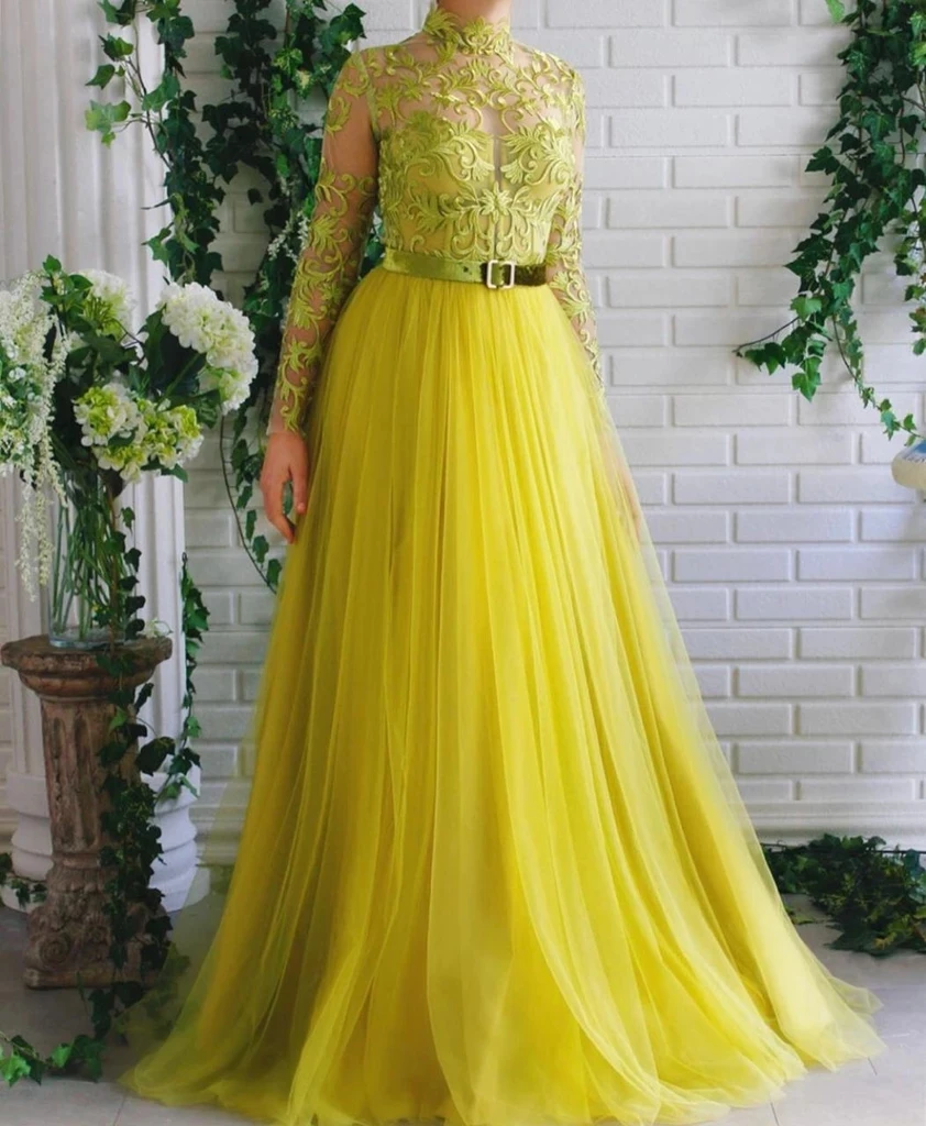 Yellow Moroccan Muslim Evening Dresses A-line Long Sleeves Tulle Appliques Long Luxury Turkey Dubai Saudi Arabia Prom Dress Gown