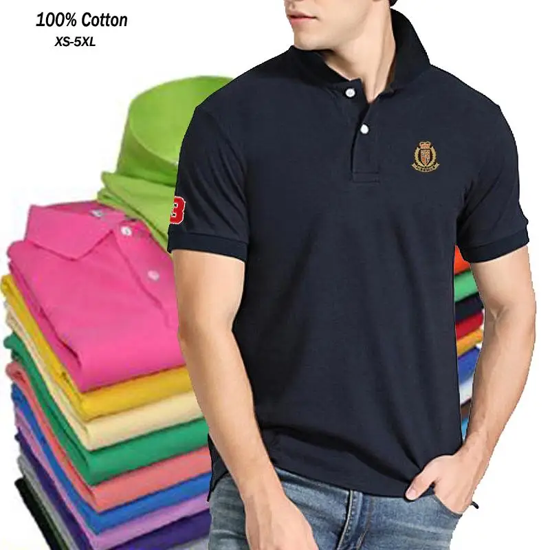 Top Quality 220g Cotton Summer Mens Polo Shirts Embroidery-Logo Casual Short Sleeve Polos Homme Fashion Men\'s Lapel Tees XS-5XL