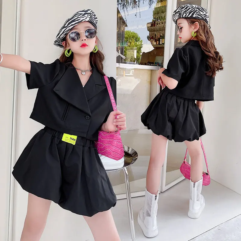 Fashion Teen Girls Suit Sets 2025 High Quality Blazer Jacket And Shorts Two Pieces Black White Color Summer Children\'s Costumes