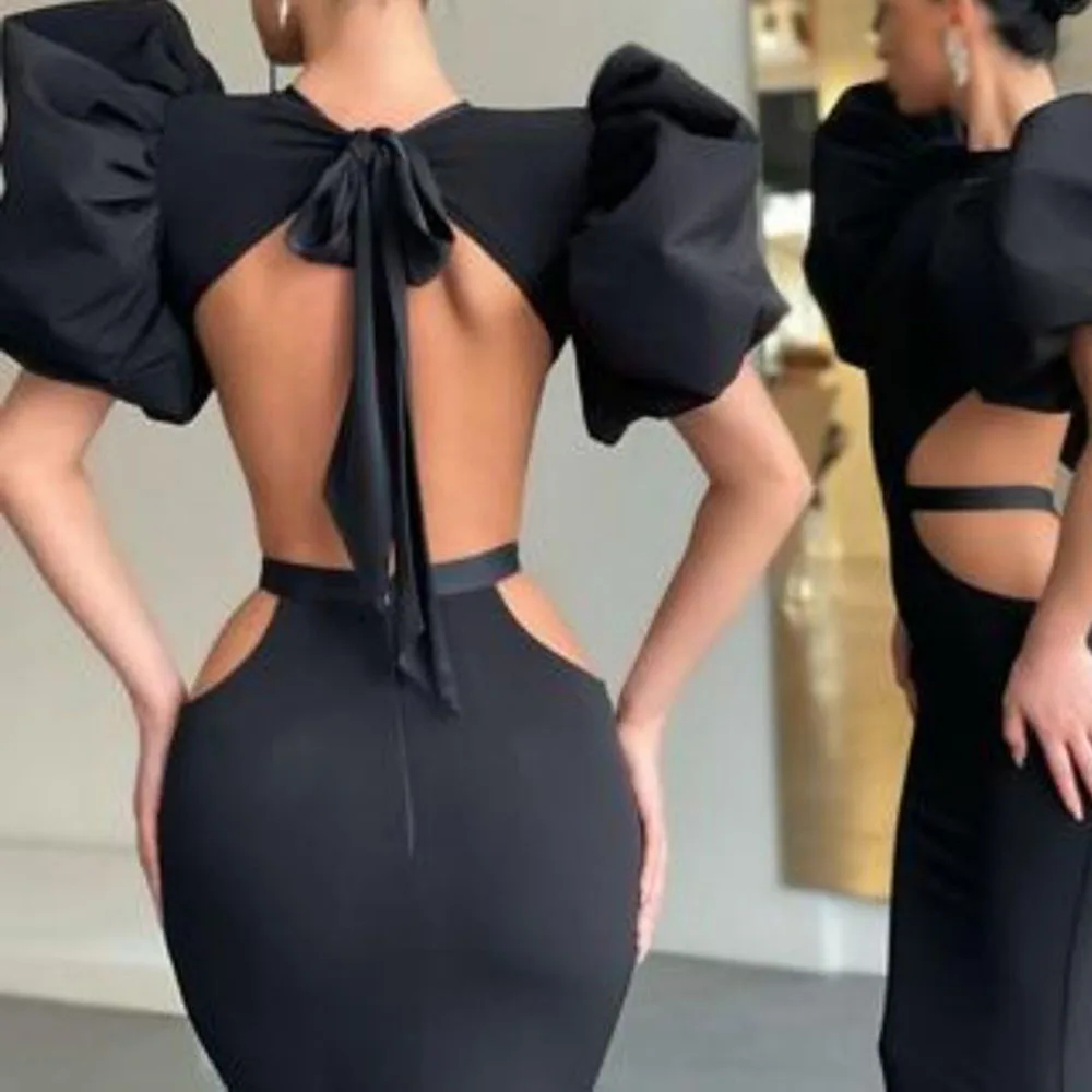 2022 Summer Women\'s Dress Fashion Cut Out Backless Evening Sexy Night Club Party Black Puff Sleeve Celebrity Long Formal Dress