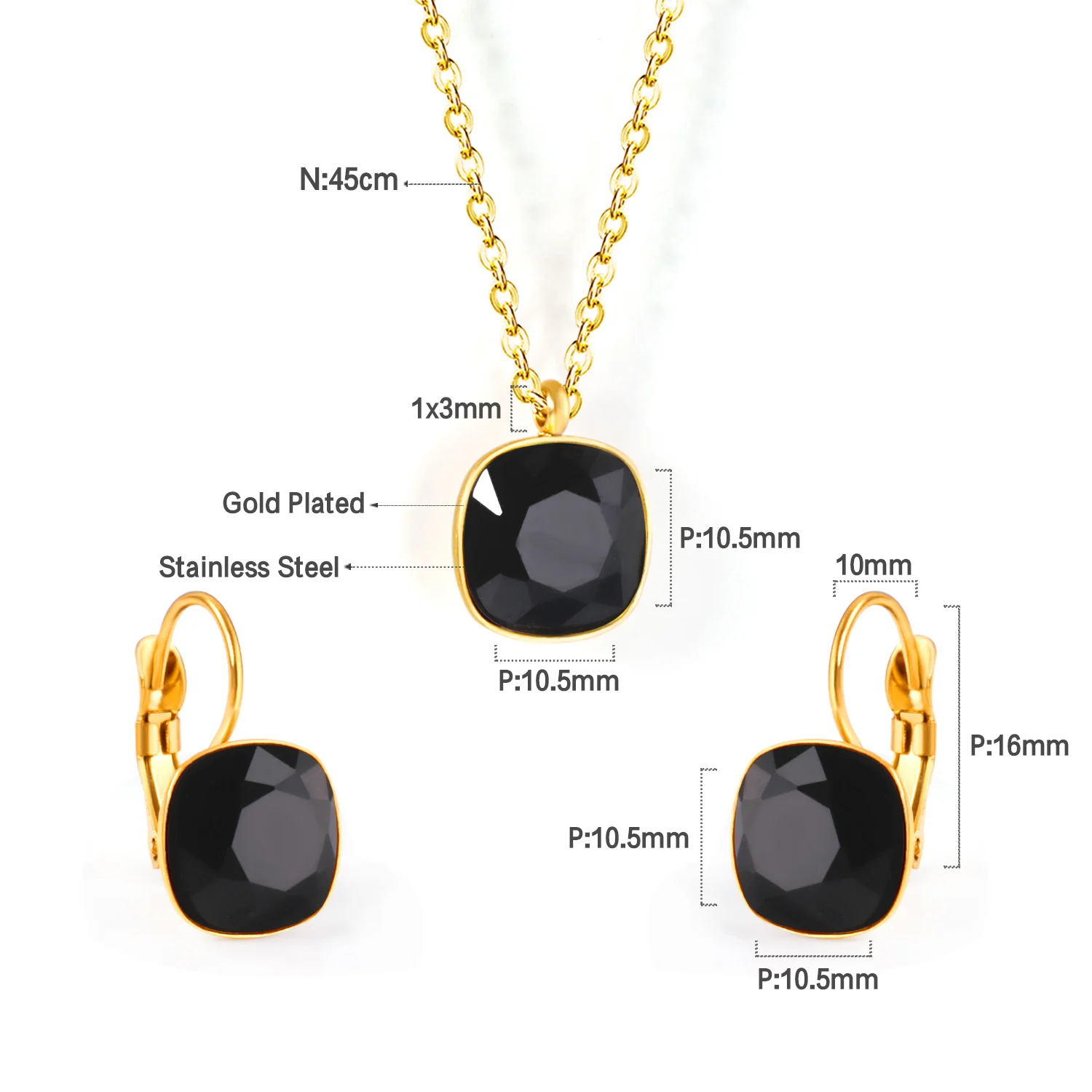 Square Multiple Color Crystal Pendant Necklace & Earrings Set