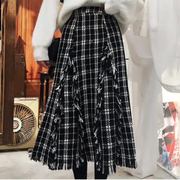 vintage plaid tassel woolen skirt women autumn winter high waist small fragrance a-line skirt