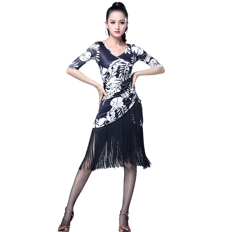 Latin Dance Tassel Dress Profession Training Female Adult Summer Ballroom Tango Salsa Rumba Sumba Stage Costume Black/red S-4XL