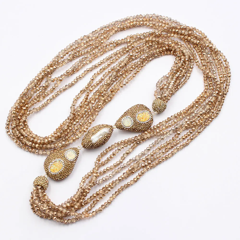 GG 38\'\' 7 Strands Yellow Golden Crystal Natural White Keshi Pearl CZ Rough Long Necklace Handmade For Women