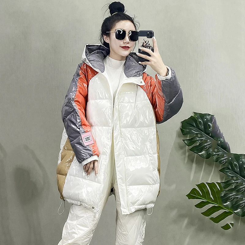 Autumn Winter Coats Ladies Fashion Shiny Cotton Coat Loose Bread Clothing Jackets Hooded Contrasting Color Cotton Clothing Women