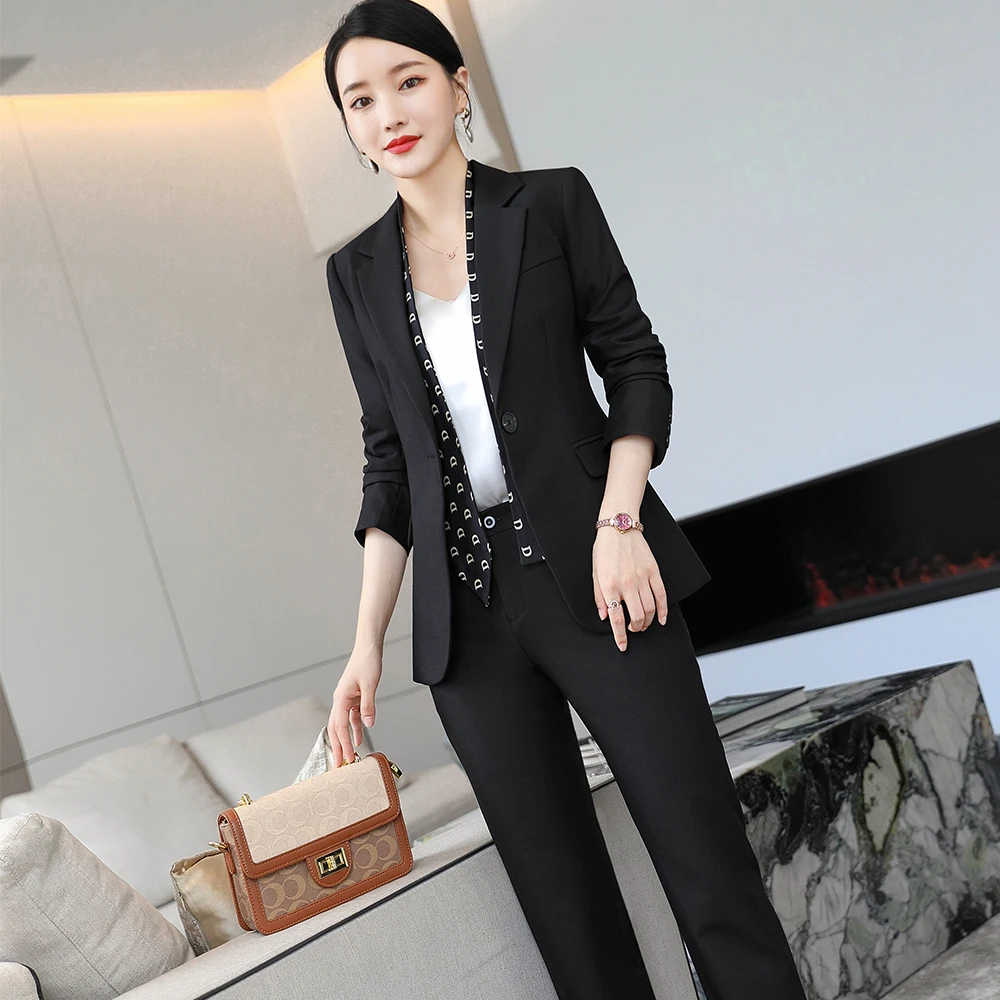 New Arrival Elegant Black Khaki Pant Suit Women Female Business Formal 2 Piece Set Blazer And Trouser For Office Ladies Work