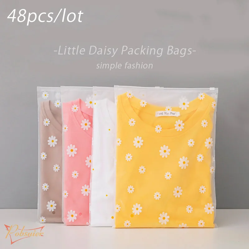 48pcs Multi-Size Matte Plastic Little Daisy Lock Valve Slide Seal Packing Bags Storage Bag Travel Bags Clothes Organizer